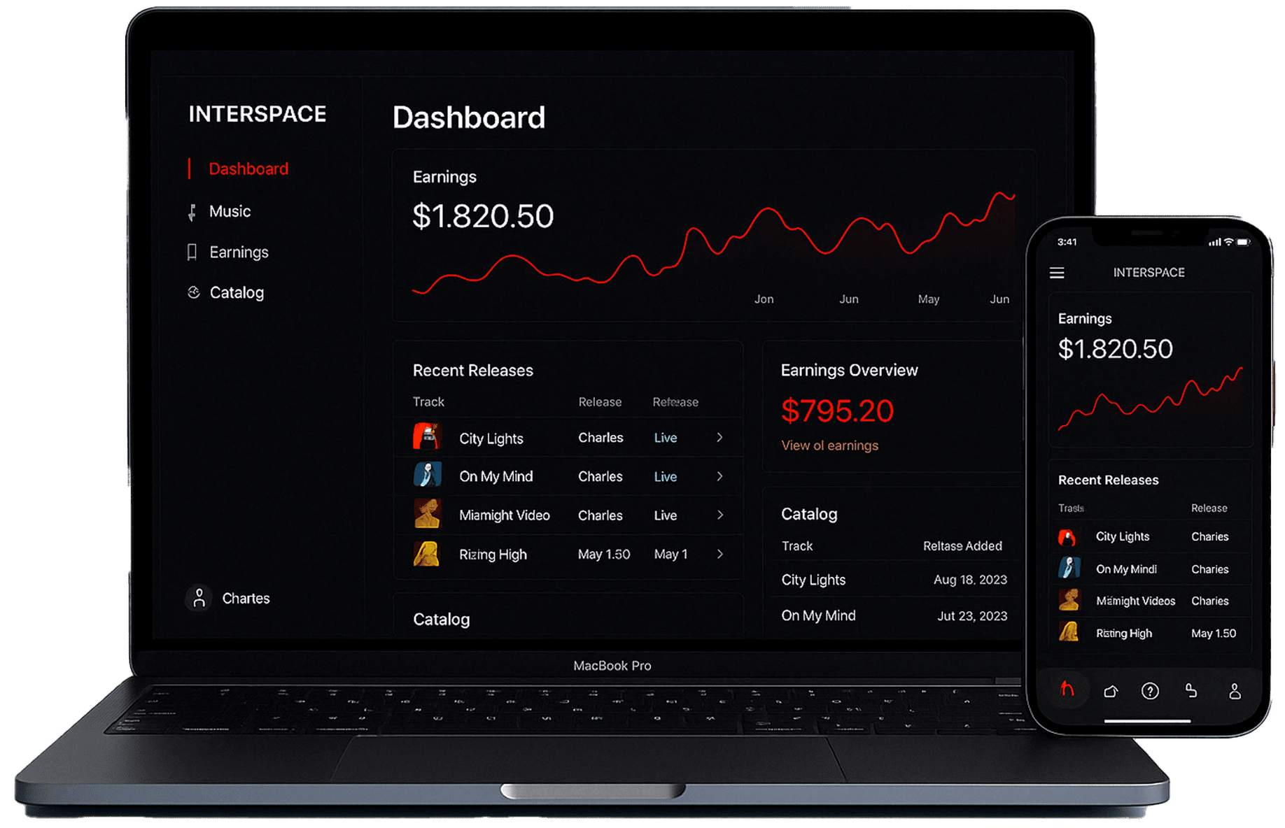 The InterSpace dashboard on a laptop, with the mobile app on a phone