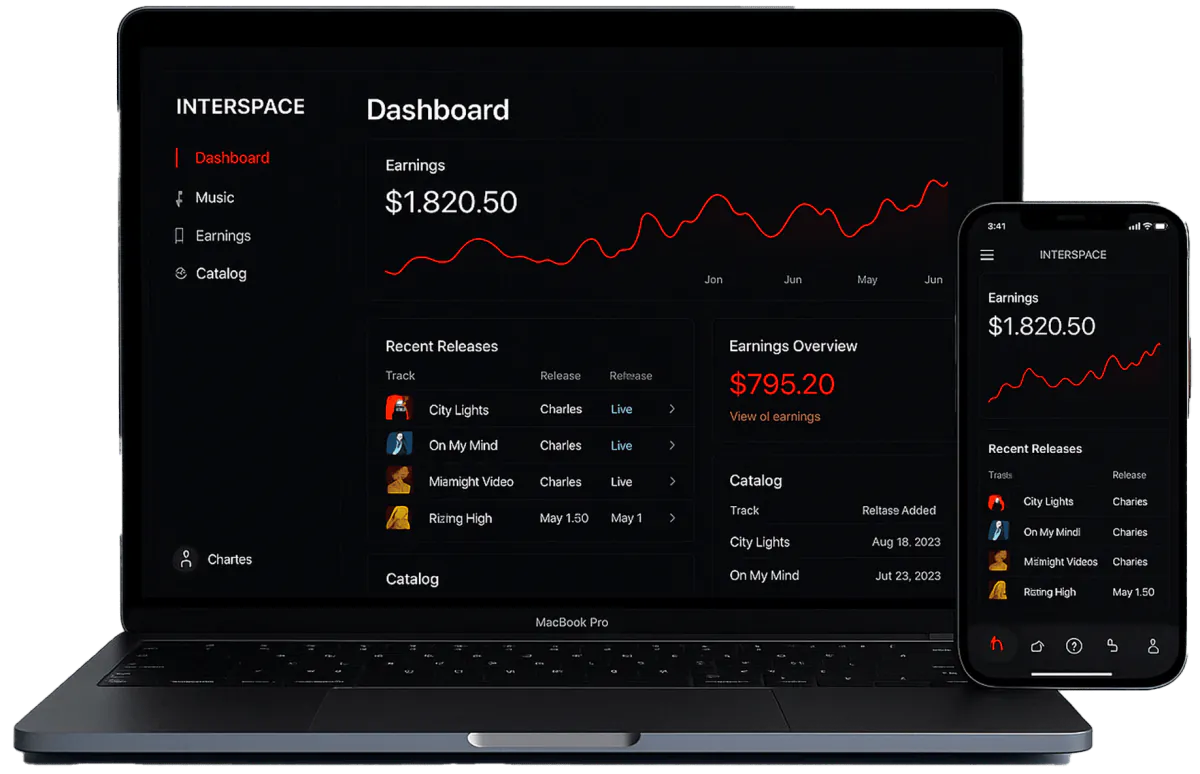 The InterSpace dashboard on a laptop, with the mobile app on a phone